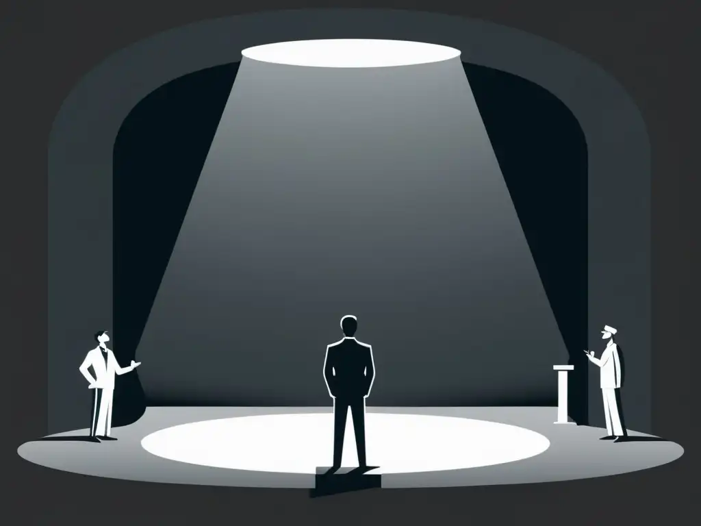 Una ilustración minimalista en blanco y negro de un escenario teatral que representa la fusión única de tragedia y comedia en la sátira menipea