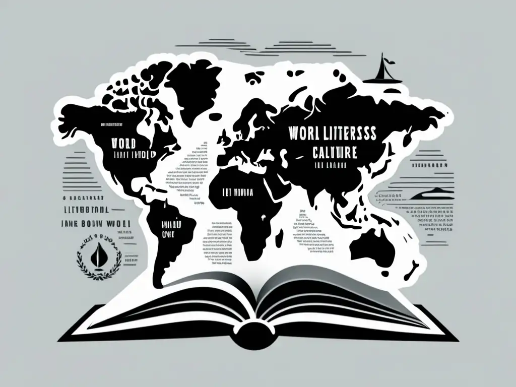 Una ilustración minimalista en blanco y negro de un libro que se transforma en un mapa mundial, mostrando la importancia de la transculturación literaria a través de los continentes