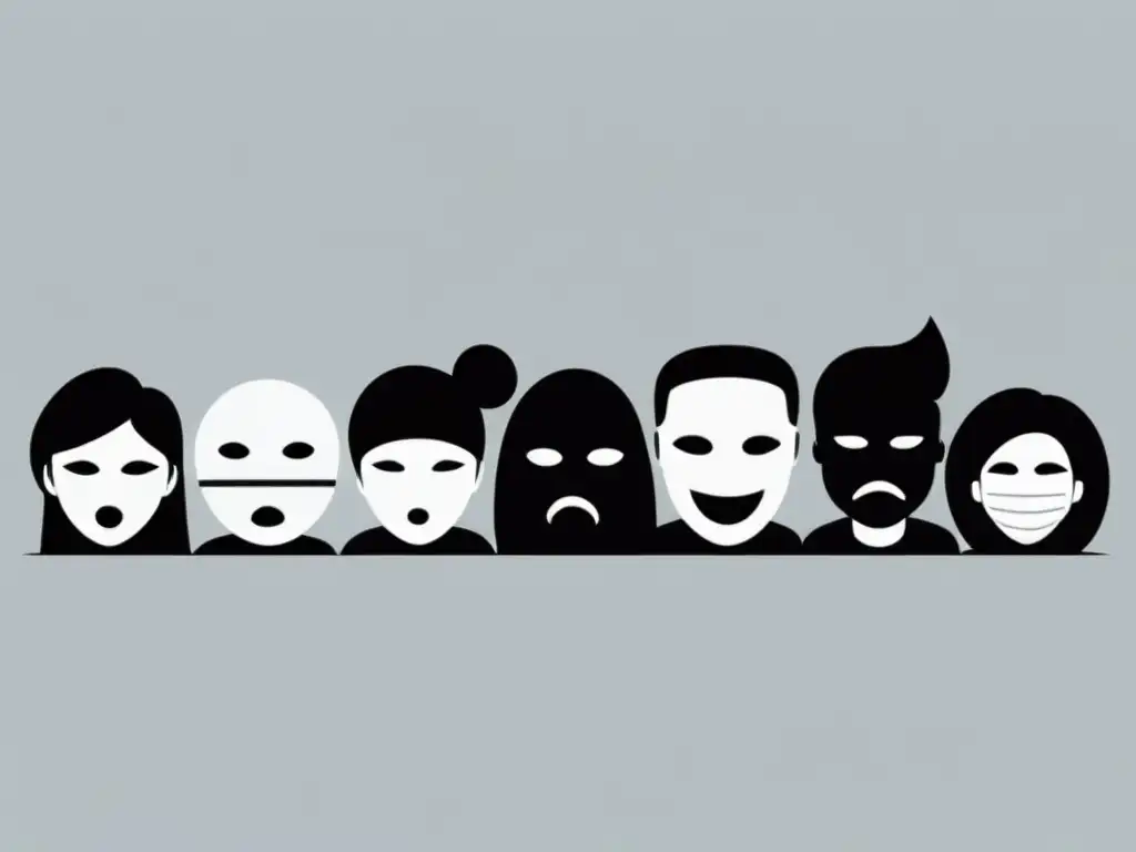 Una ilustración minimalista en blanco y negro muestra personas con máscaras de distintas emociones, en una crítica social con herramientas literarias