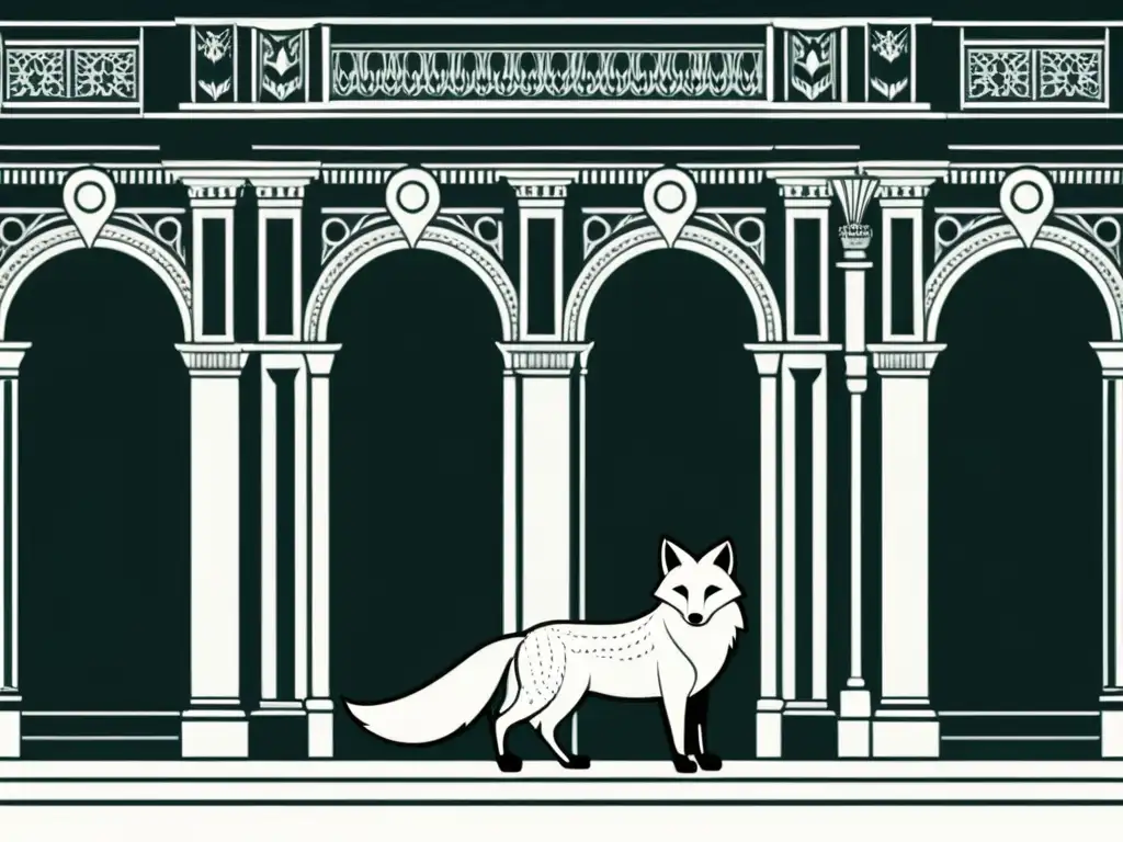 Una ilustración minimalista en blanco y negro de un zorro con expresión astuta, frente a un teatro grandioso y ornamentado