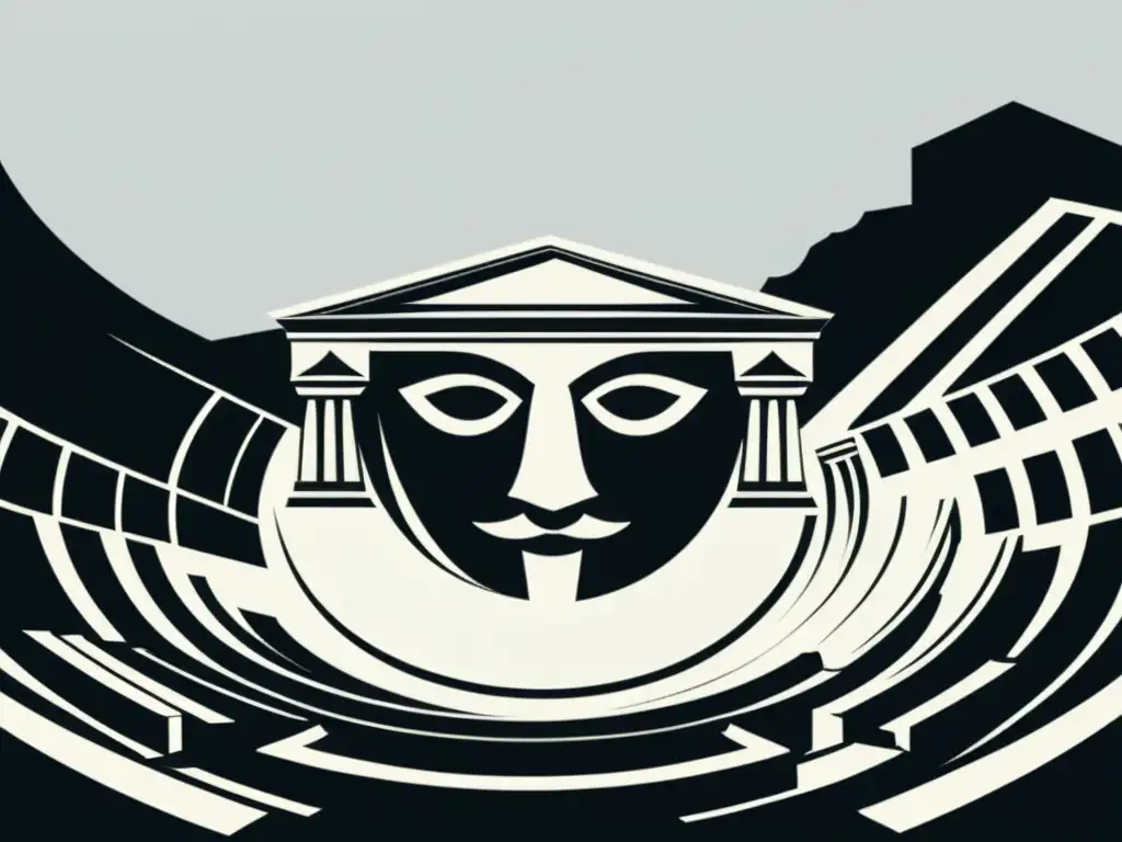 Teatro clásico: la fusión entre mitología y Shakespeare Una ilustración minimalista en blanco y negro de un anfiteatro griego, con las icónicas máscaras teatrales de Shakespeare en el escenario