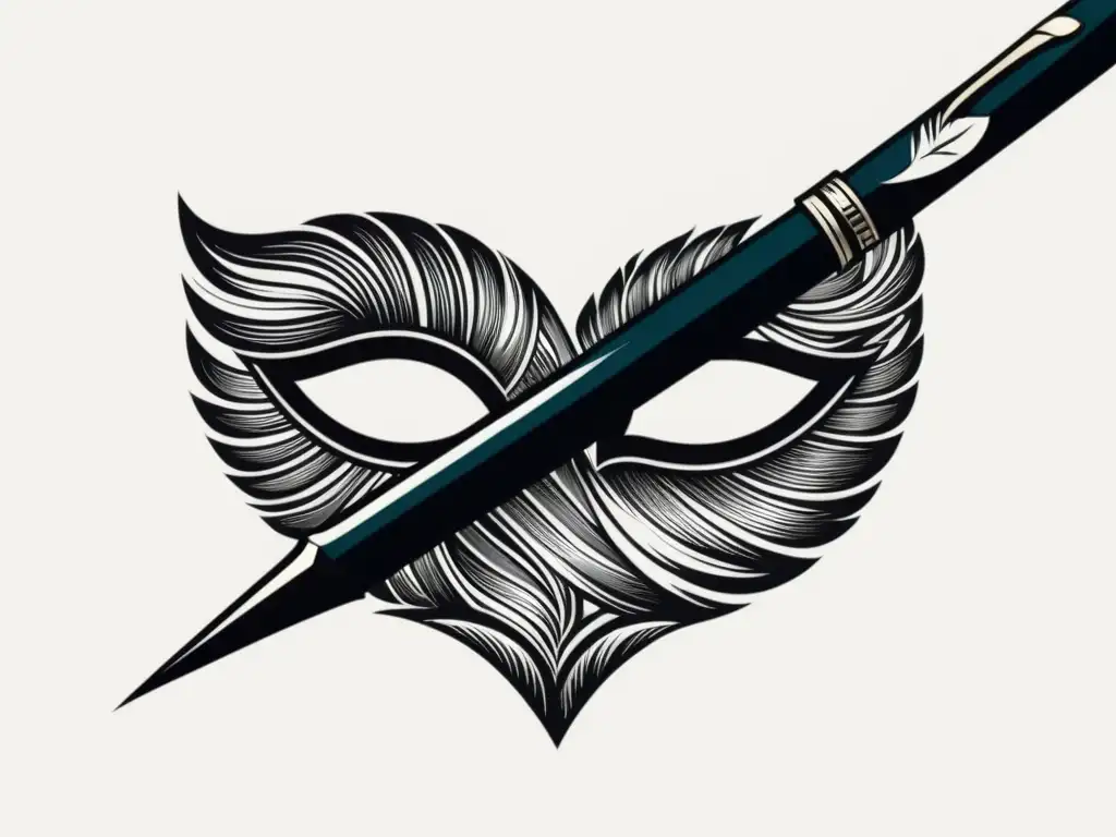 Pluma renacentista esculpe máscara en palabras Una ilustración minimalista en blanco y negro de una pluma creando un patrón de palabras que forman una máscara renacentista
