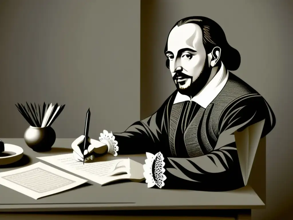 Una ilustración minimalista en blanco y negro de William Shakespeare en su escritorio, rodeado de plumas, tinteros y pergamino