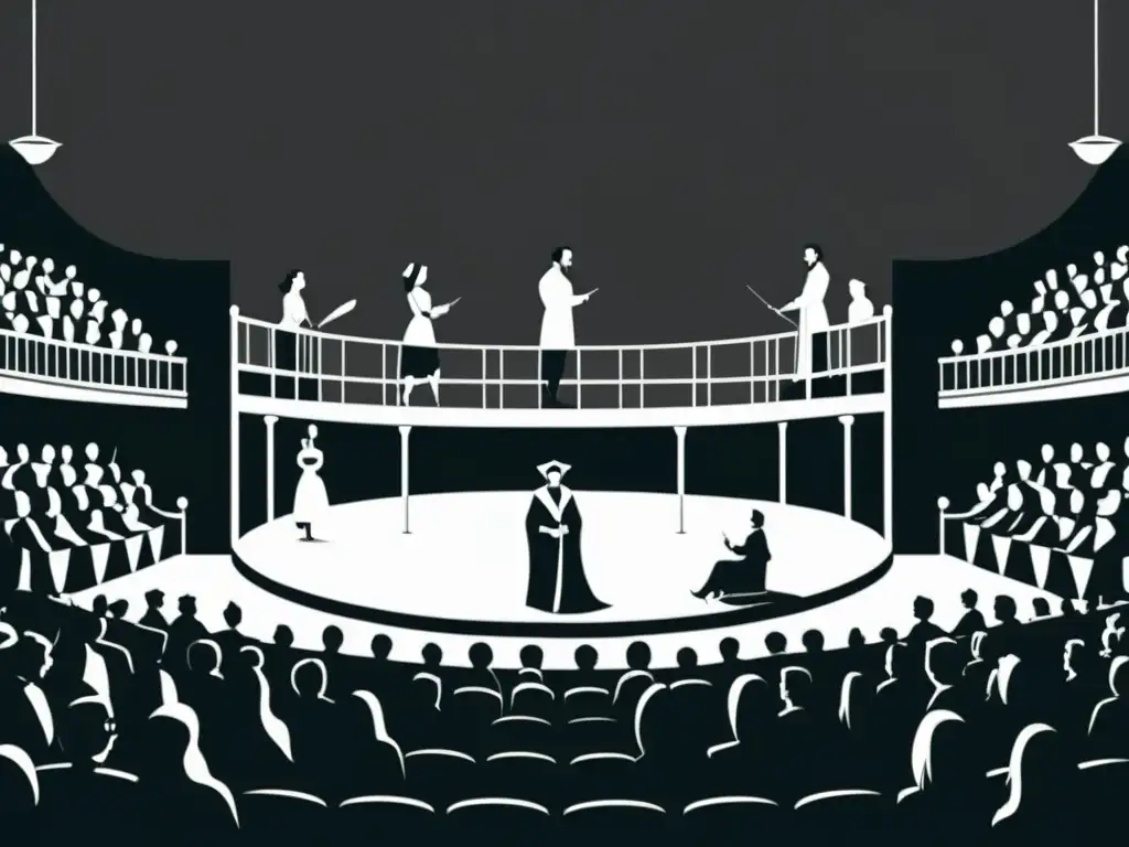 Una ilustración minimalista en blanco y negro de un escenario teatral shakespeareano, con actores interpretando y una audiencia diversa atenta