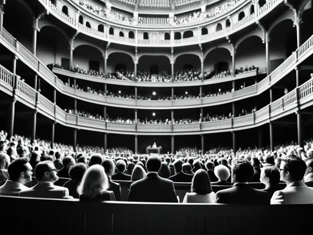 Una ilustración minimalista en blanco y negro de un bullicioso teatro isabelino, con arquitectura detallada y público vestido de la época