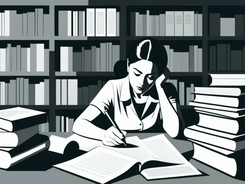 Una ilustración minimalista en blanco y negro de una mujer escribiendo en un escritorio rodeada de libros y papeles, simbolizando el legado de escritoras realismo naturalismo menos conocidas