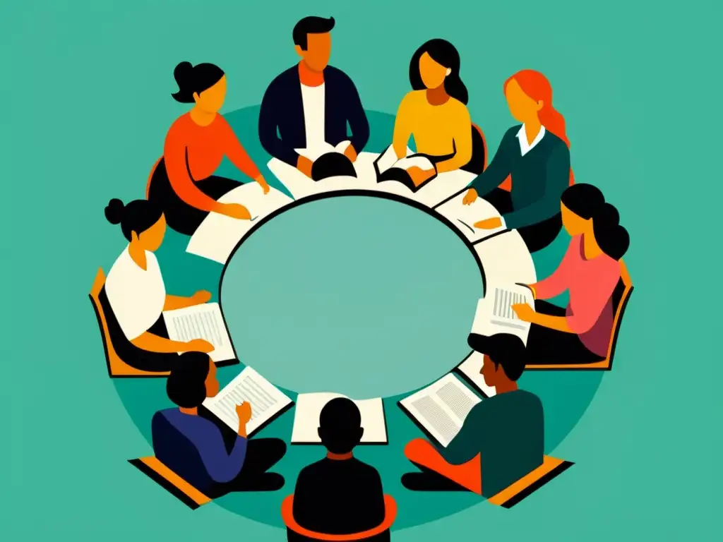 Una ilustración minimalista y detallada de un grupo diverso de personas sentadas en círculo, cada una absorta en un libro distinto
