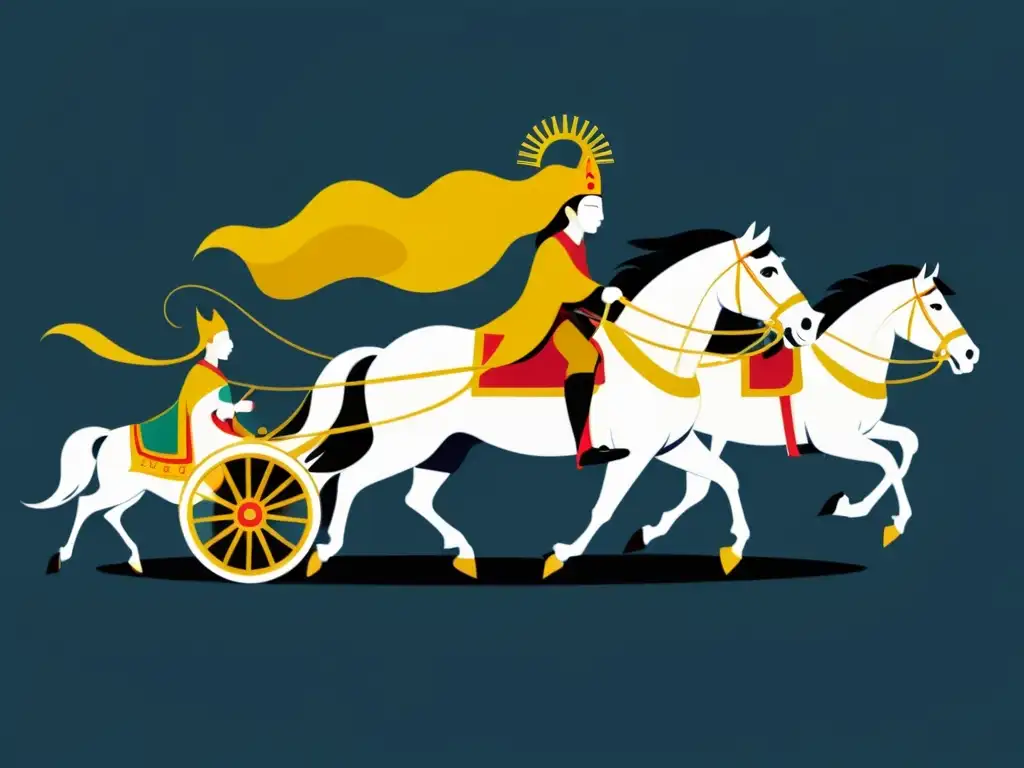 Una ilustración minimalista detallada de una majestuosa carroza dorada tirada por cuatro poderosos caballos blancos, con una figura imponente en la carroza, empuñando un rayo y vistiendo una túnica real