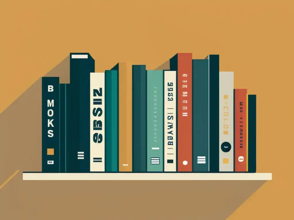 Una ilustración minimalista de una estantería llena de libros de negocios y tecnología, con siglas y acrónimos en los lomos