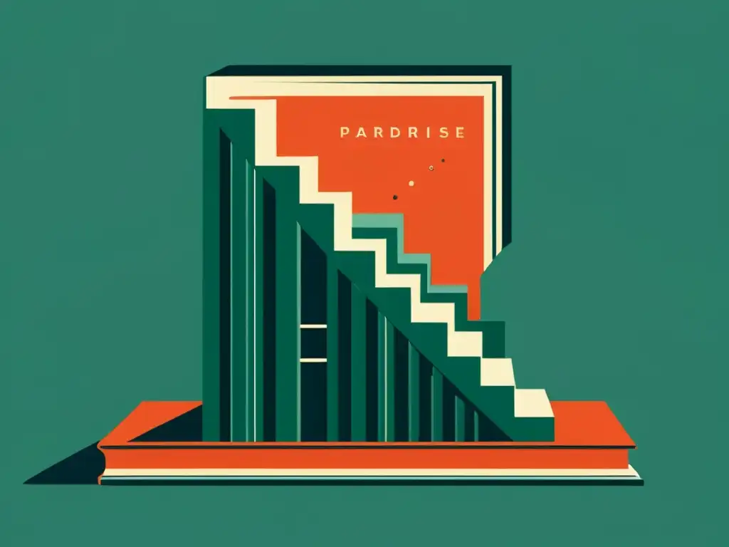 Una ilustración minimalista de un libro con una escalera al estilo de Escher, creando una estructura imposible y paradójica