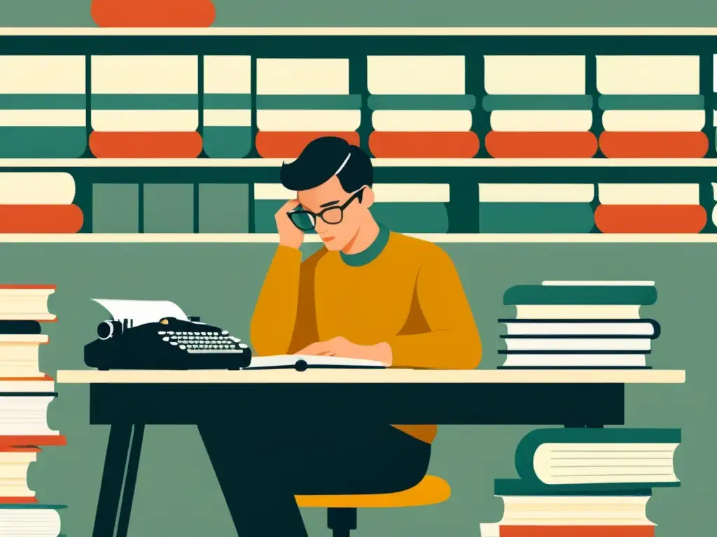 Escritor creativo concentrado en su escritorio Una ilustración minimalista de una persona sentada en un escritorio con una máquina de escribir, rodeada de pilas de libros y papeles