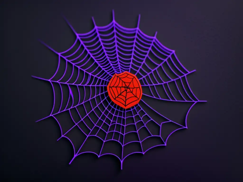 Una ilustración minimalista de una red de araña roja sobre fondo negro, simbolizando la trama interconectada de 'La red púrpura