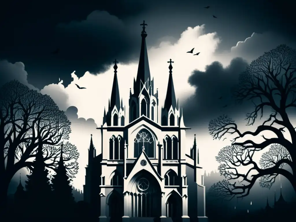 Catedral gótica: misterio y grandeza en blanco y negro Una ilustración minimalista y sombría de una catedral gótica rodeada de niebla y árboles retorcidos, evocando la literatura gótica en la era romántica