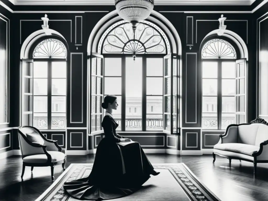 Una ilustración de realismo literario en Madame Bovary: una mujer en traje del siglo XIX contempla desde una lujosa habitación