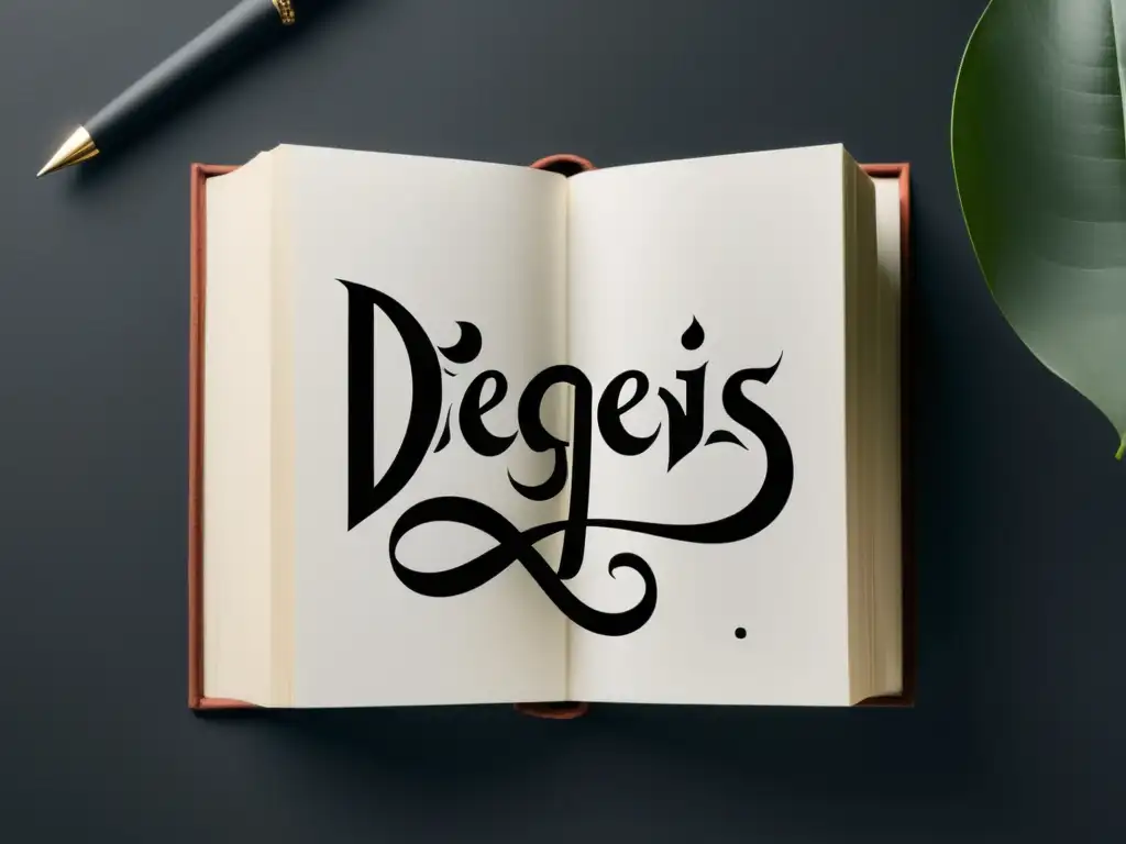 Una ilustración serena y minimalista en blanco y negro de un libro abierto con la palabra 'diégesis' en elegante caligrafía