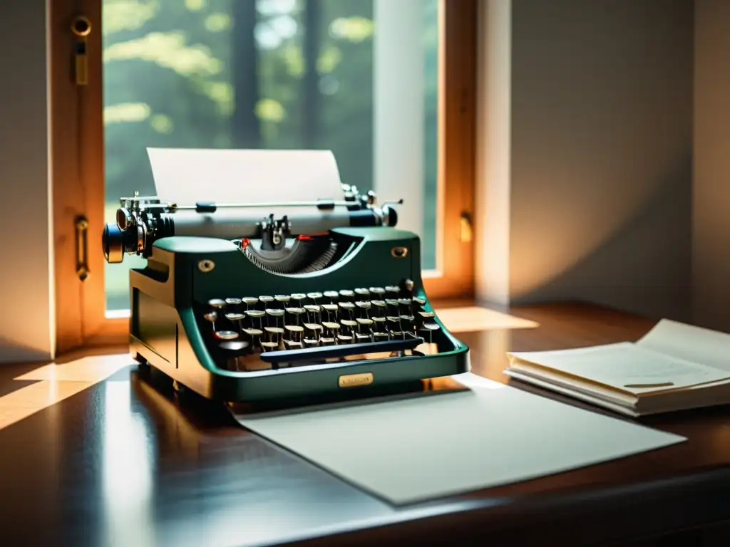 Una imagen en alta definición de una máquina de escribir vintage en un elegante escritorio, bañada por la luz natural