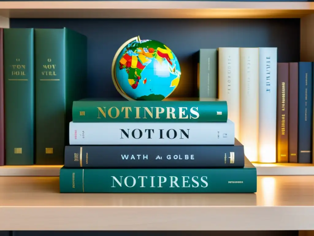 Una imagen de alta resolución con una pila de libros con el título 'NotionPress' en el lomo, en un escritorio moderno con un globo terráqueo de fondo