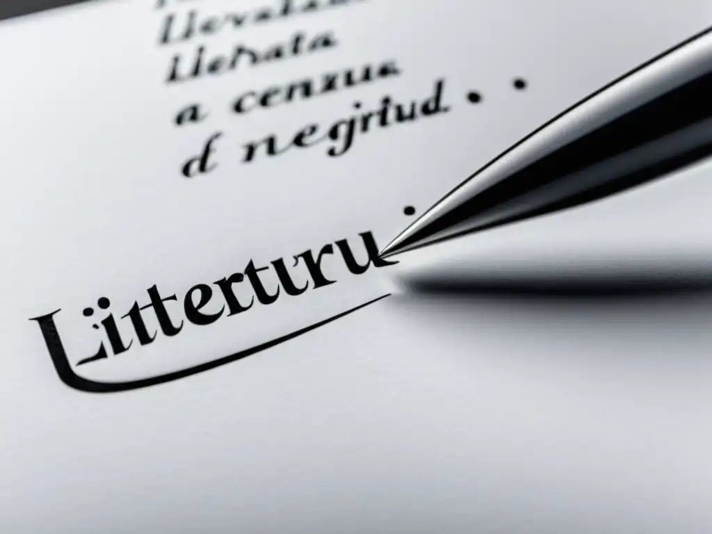 Imagen de alta resolución con una pluma escribiendo 'literatura de la negritud' en papel blanco