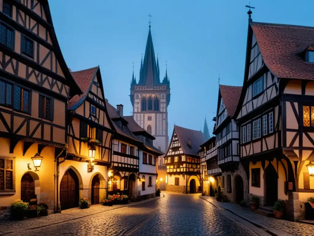 Imagen de un amanecer en un pueblo medieval, con calles empedradas, casas de entramado de madera y una catedral