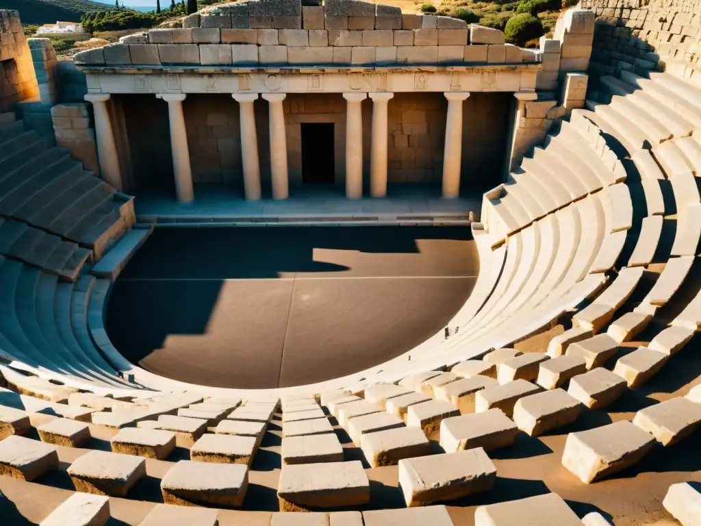 Imagen 8k de un antiguo anfiteatro griego con dramática iluminación y sombras largas