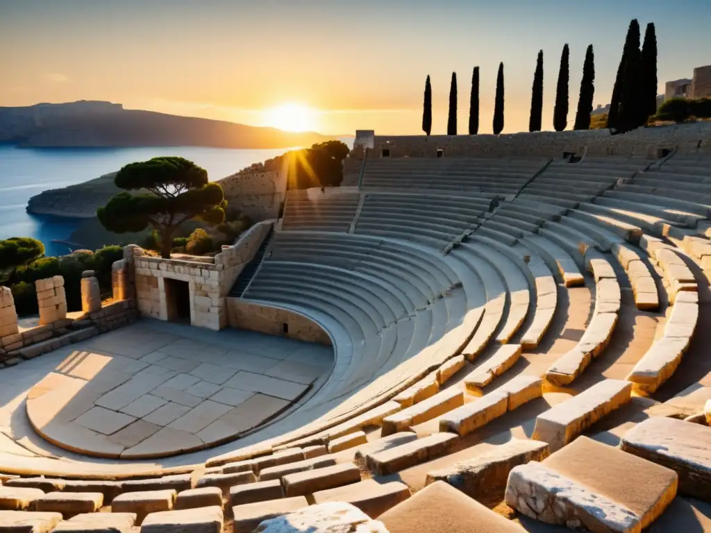 Imagen de un antiguo anfiteatro griego al atardecer, con detalles en piedra y sensación de grandeza y soledad