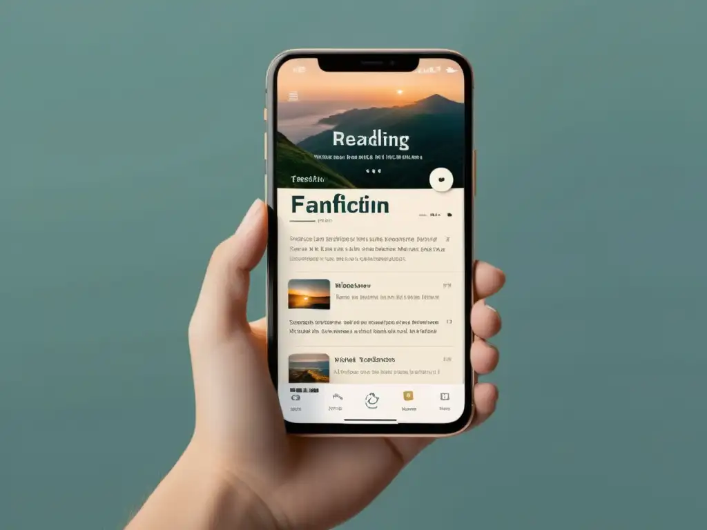 Imagen de alta resolución de una aplicación para fanfictions en un moderno smartphone, con diseño minimalista y opciones de lectura personalizables