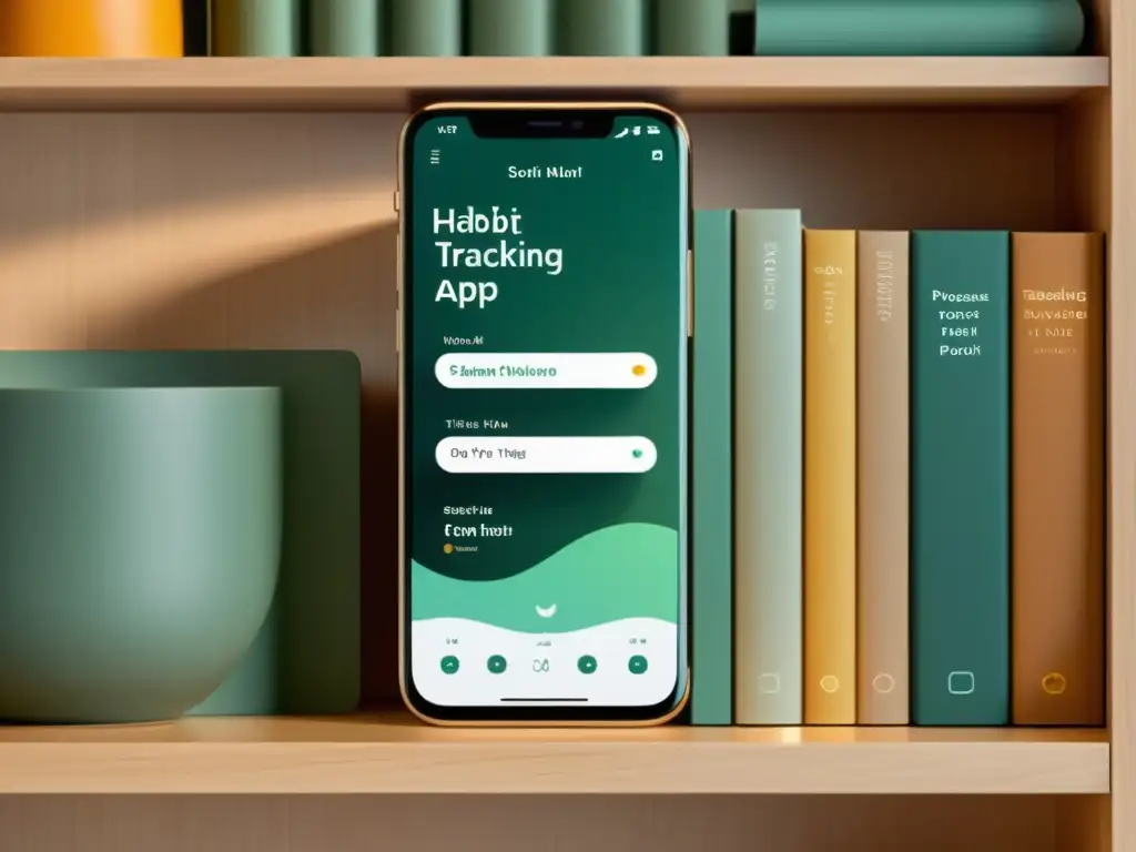 Imagen 8k de app rastreadora de hábitos de lectura en smartphone moderno y minimalista, con diseño intuitivo y ambiente tranquilo
