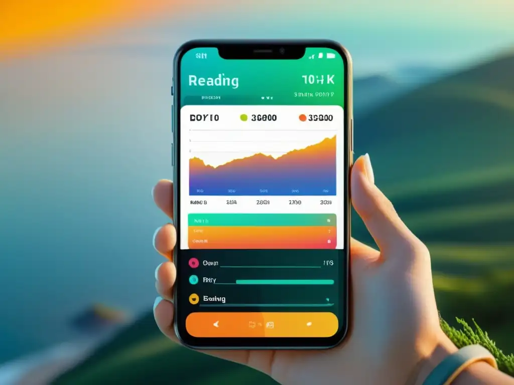 Imagen 8k de app rastreadora de hábitos de lectura en smartphone, con gráficos vibrantes y atmósfera de enfoque y productividad
