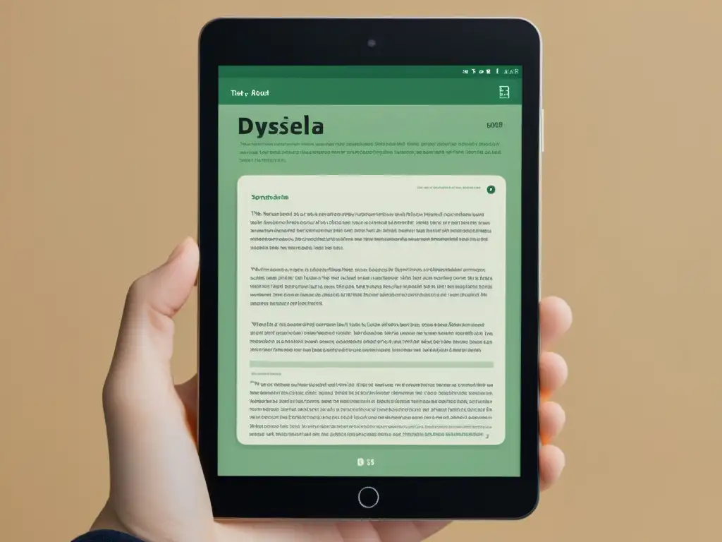 Imagen de una app visual para dislexia en tablet o smartphone, con tipografía limpia y opciones de personalización de colores y espaciado