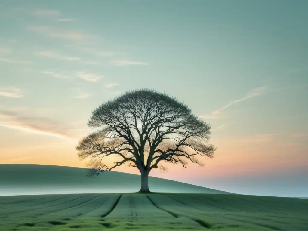 Imagen de un árbol solitario en un campo vasto, con ramas extendiéndose hacia el cielo