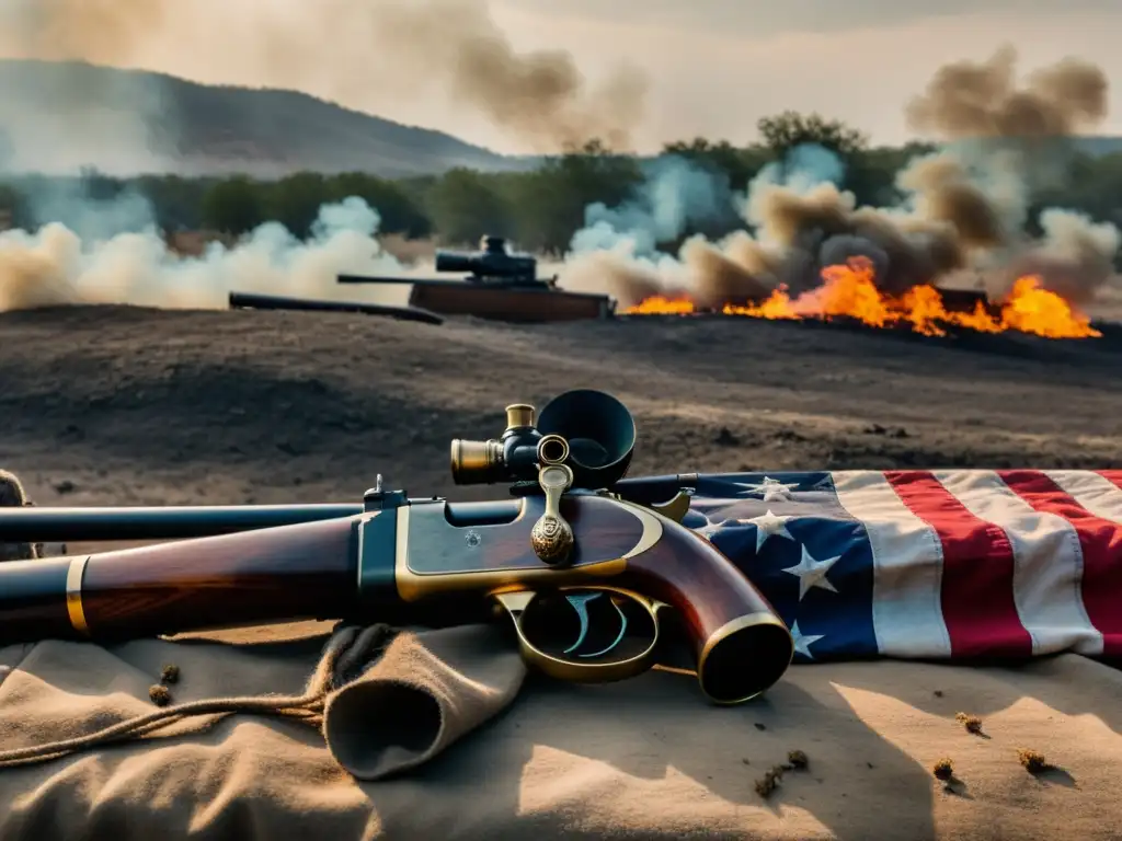 Imagen de una bandera americana desgarrada sobre un rifle de la Guerra Civil, con un campo de batalla humeante y soldados al fondo