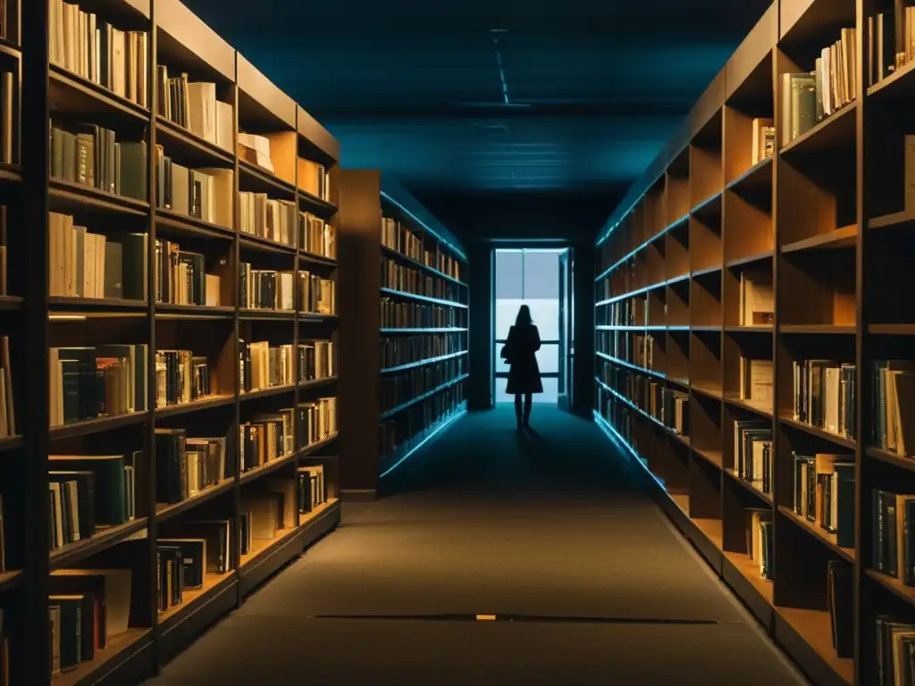 Imagen de una biblioteca abandonada, con una atmósfera tenebrosa y un personaje solitario en la distancia