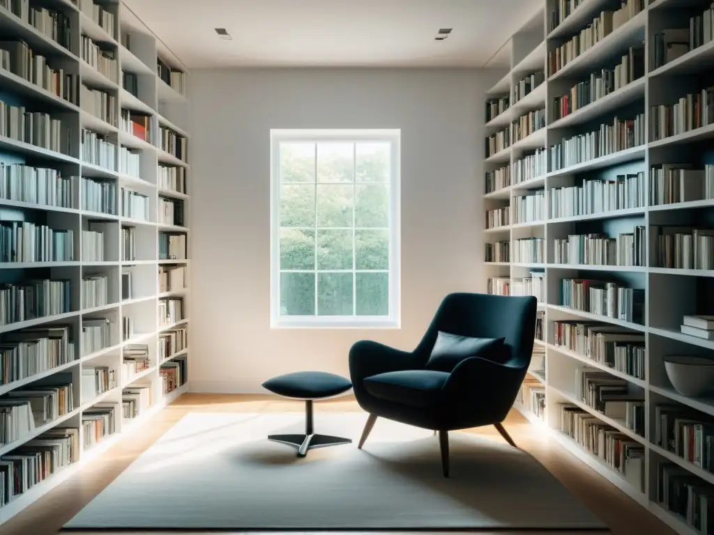 Imagen en 8k de una habitación blanca minimalista con una silla negra rodeada de estanterías repletas de libros de poesía