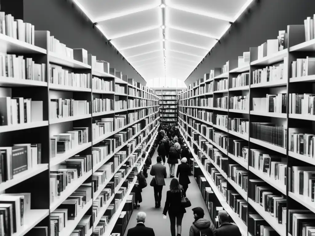 Imagen en blanco y negro de la bulliciosa Feria del Libro de Frankfurt, con estantes llenos de libros y visitantes entusiasmados explorando