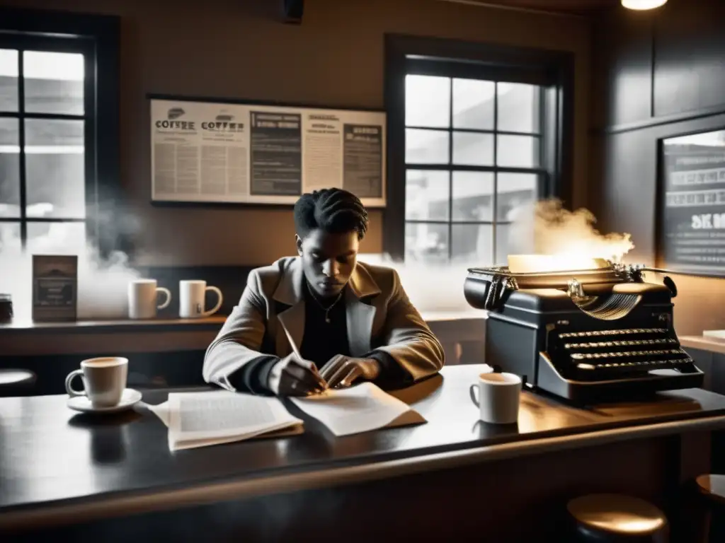 Imagen en blanco y negro de una cafetería con humo, una figura solitaria escribiendo en una máquina de escribir rodeada de papeles y tazas de café