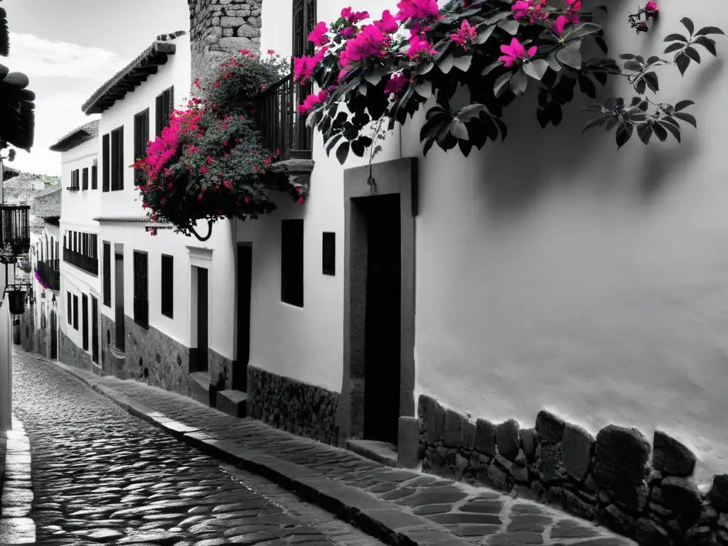 Imagen en blanco y negro de las calles empedradas de San Miguel de Allende, con edificios coloniales y flores de buganvilla