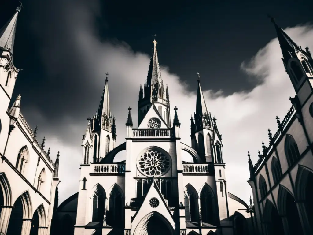 Imagen en blanco y negro de una catedral gótica, destacando los detalles arquitectónicos con juego de luz y sombra