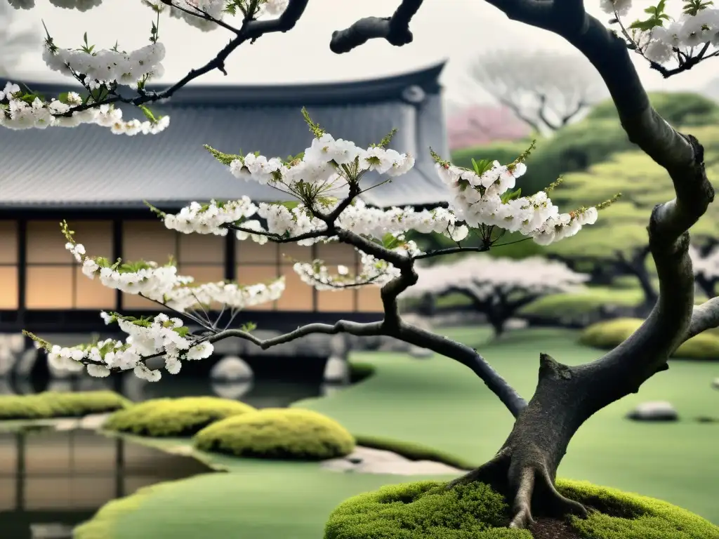 Imagen en blanco y negro de un cerezo en flor en un jardín japonés, reflejando la importancia del haiku en poesía con su belleza serena y simbólica