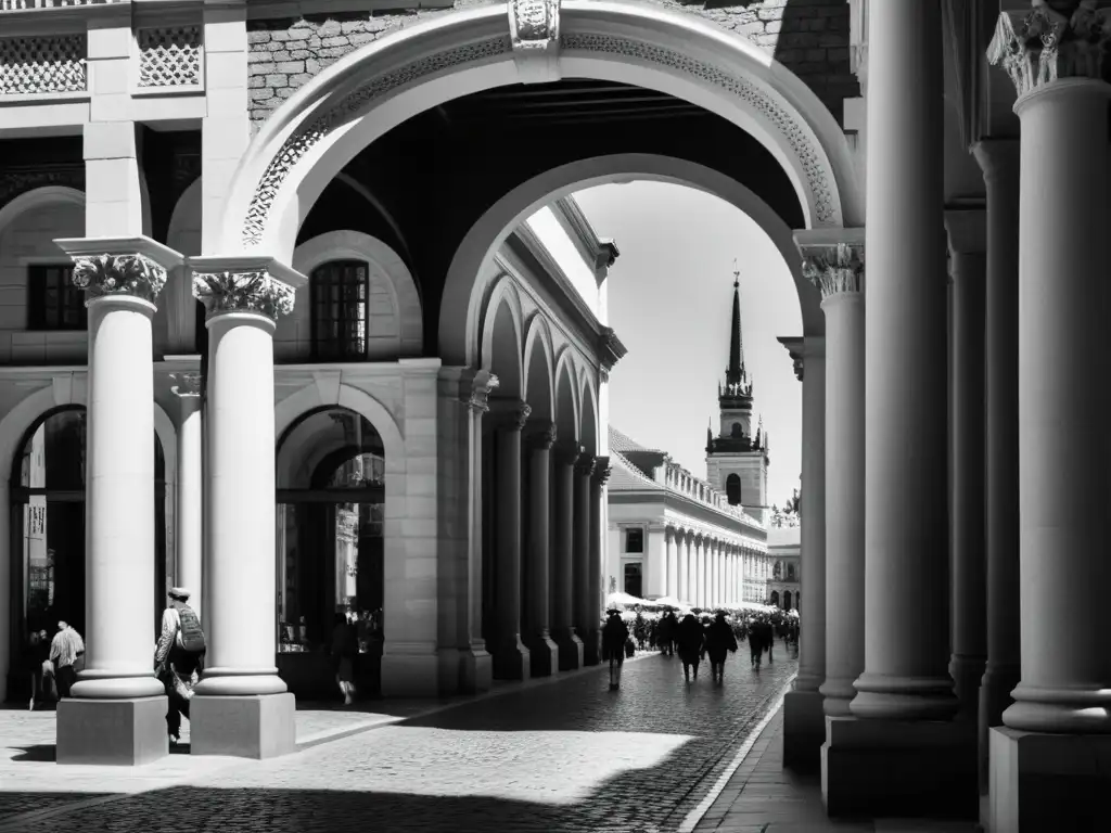 Imagen en blanco y negro de una ciudad histórica con detalles arquitectónicos y gente vestida de época, evocando técnicas literarias novela histórica