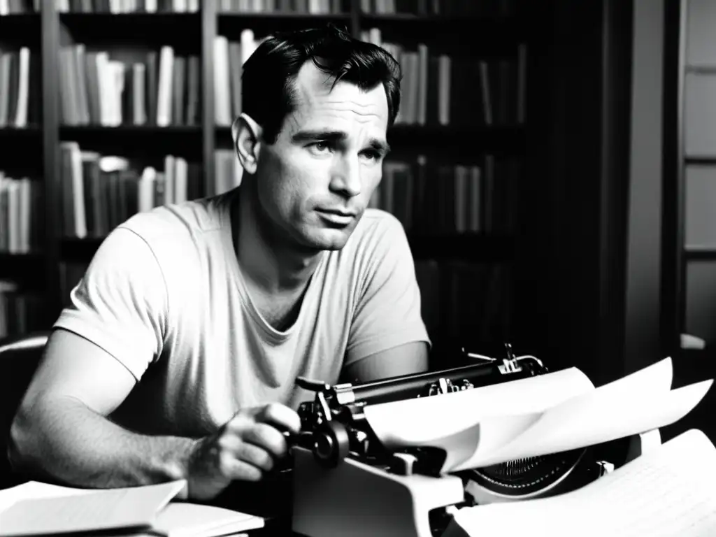 Imagen en blanco y negro de Jack Kerouac, concentrado en escribir, rodeado de libros y papeles arrugados