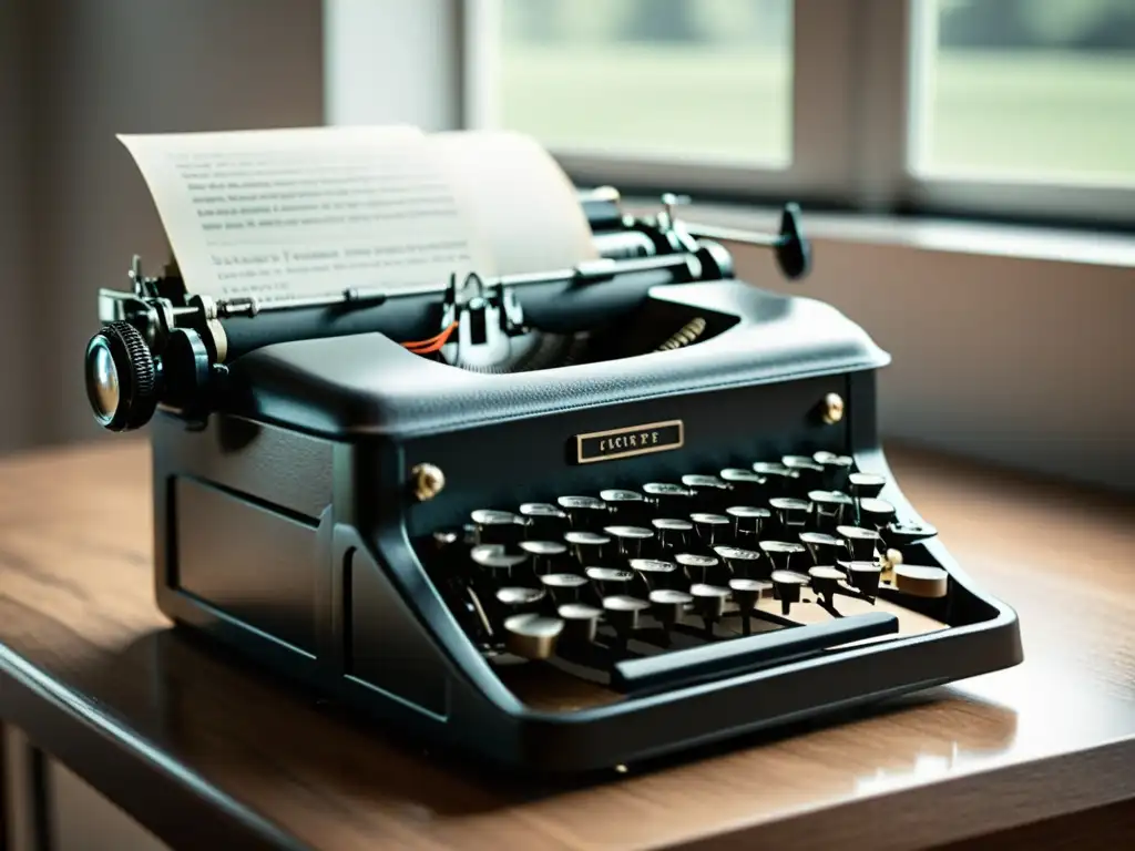 Imagen en blanco y negro de una elegante máquina de escribir vintage con papel, iluminada por luz natural