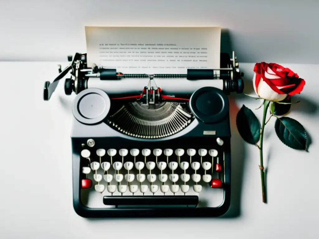 Una imagen en blanco y negro de una elegante máquina de escribir con una rosa roja, evocando la consultoría literaria para escritores aficionados