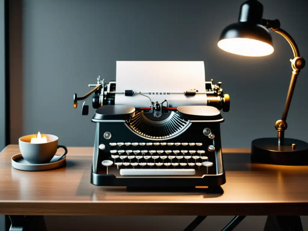 Vintage elegancia: Máquina de escribir en blanco y negro Imagen en blanco y negro de una elegante máquina de escribir vintage en un escritorio moderno, creando una atmósfera sofisticada