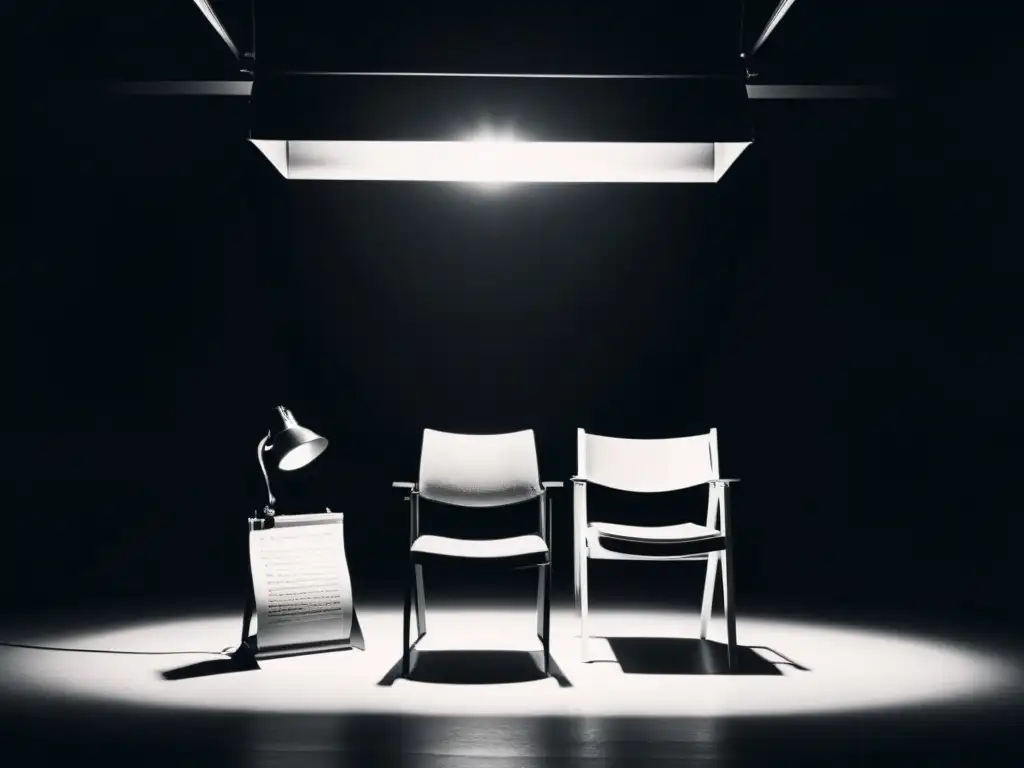 Imagen en blanco y negro de un escenario con una silla vacía iluminada por un foco, rodeada de elementos teatrales