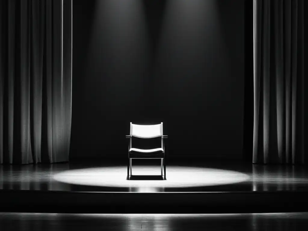 Imagen en blanco y negro de un escenario de teatro iluminado, con una silla vacía en el centro