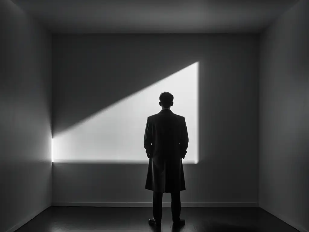 Una imagen en blanco y negro de una figura solitaria en una habitación tenue, evocando introspección y misterio