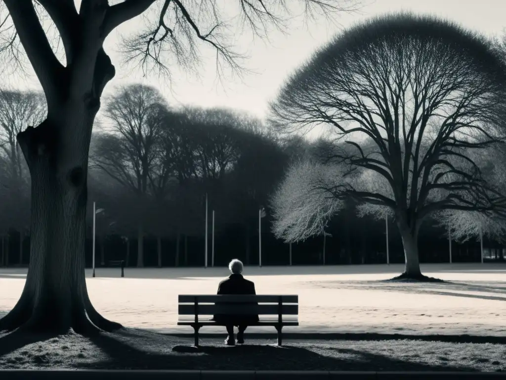 Imagen en blanco y negro de una figura solitaria en un banco del parque, rodeada de altos árboles sin hojas