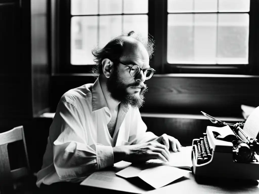 Imagen en blanco y negro de Allen Ginsberg frente a su máquina de escribir, rodeado de papel arrugado