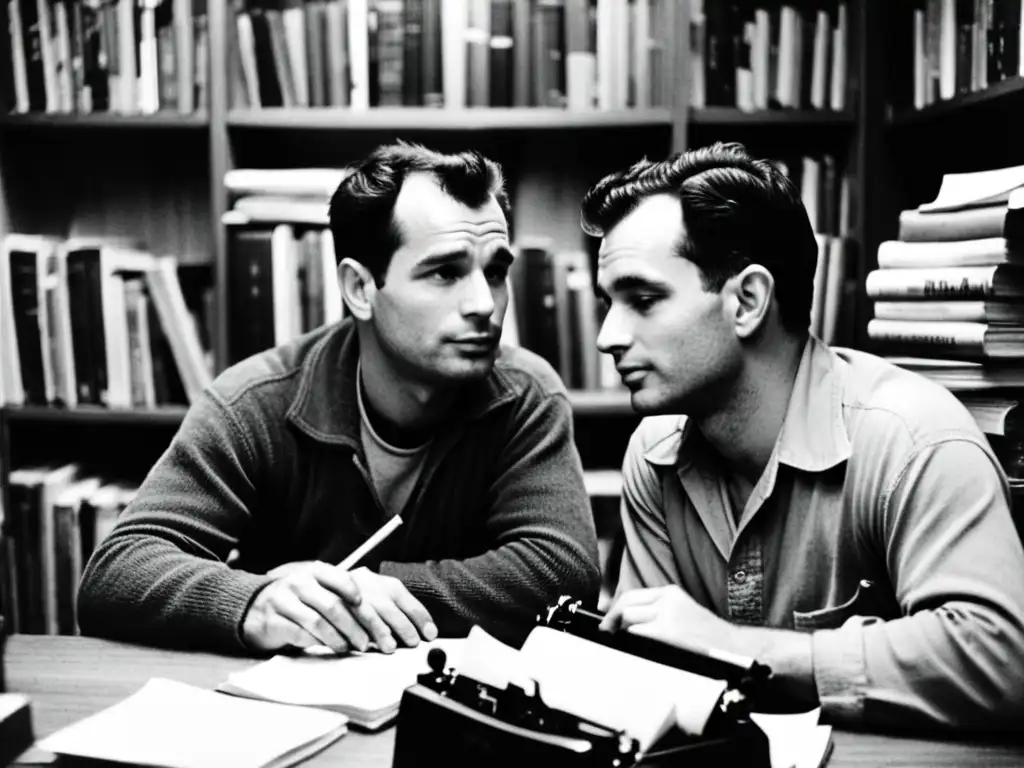 Imagen en blanco y negro de Kerouac y Ginsberg en una habitación acogedora y desordenada, rodeados de libros y papeles