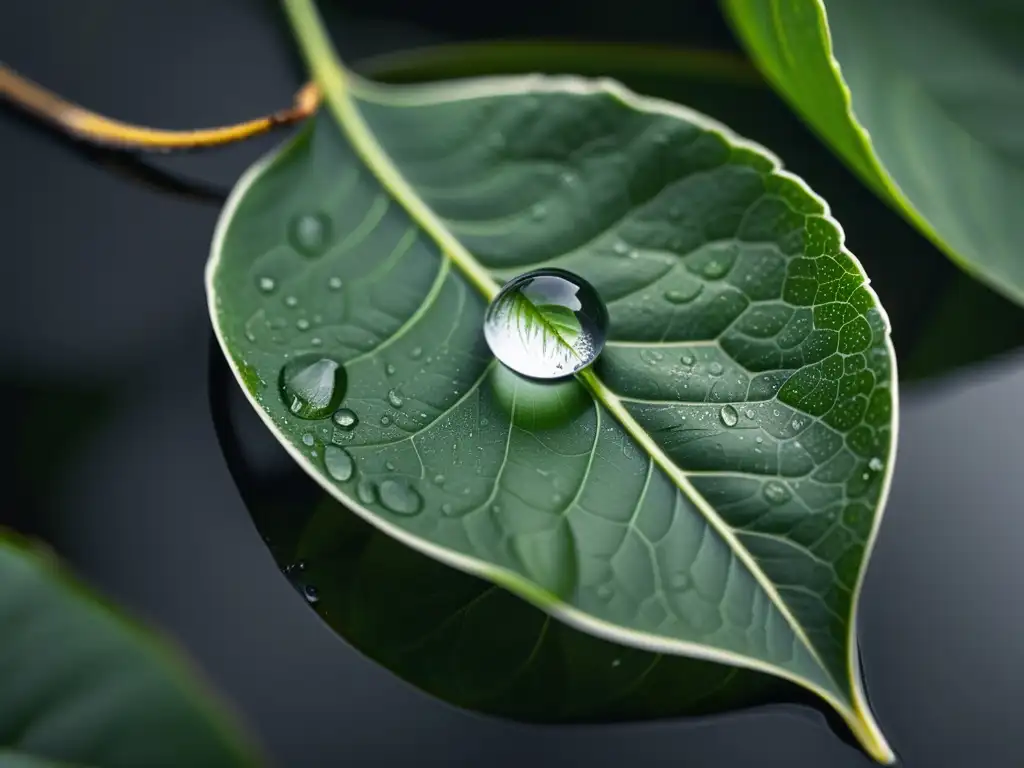 Una imagen en blanco y negro de una gota de agua en una hoja, mostrando la textura de la hoja y el reflejo del entorno